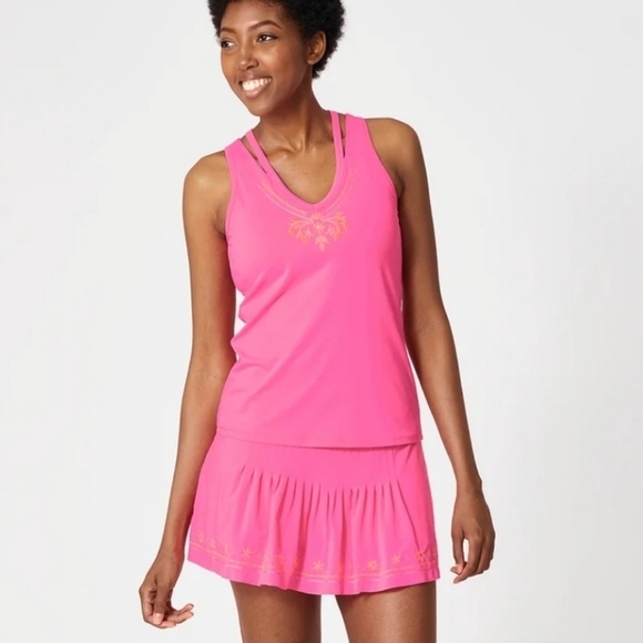 Lucky In Love Pleated Ruffle Skirt Matching Tank Top Barbie Pink Embroidered. - Picture 3 of 16
